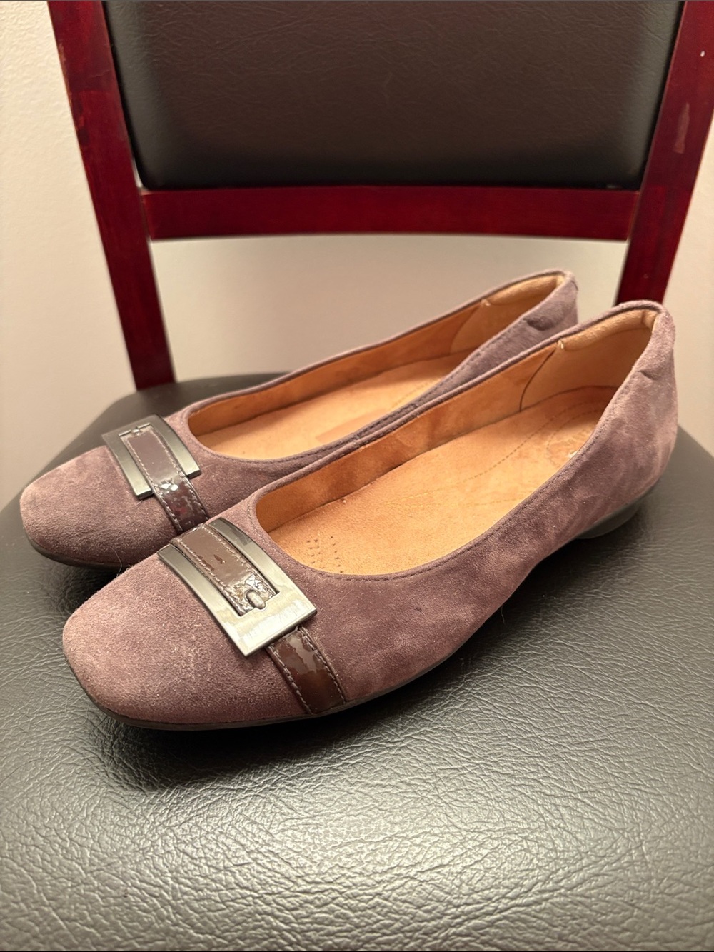 Clarks Suede Ballet Flats in Taupe with Accent Buckle - Women’s Size 8.5